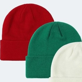 Resim Eke Tekstil Katlamalı Unisex Bere Seti 3'lü - Beyaz - Kırmızı - Yeşil 