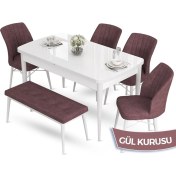 Resim Canisa Concept Aya Serisi 80 x 132 cm Açılabilir Beyaz Mutfak Masa Takımı 4 Sandalye 1 Bench 