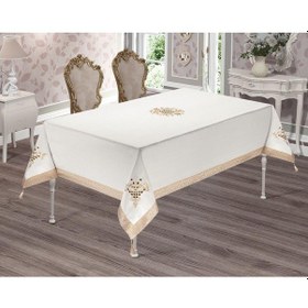 Resim Krem Renkli Lale Nakışlı Masa Örtüsü 