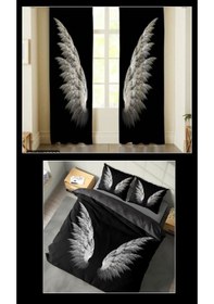 Resim Kanad Çift Kişilik 4 Parça Nevresim Takımı Ve 2 Adet Fon Perde Siyah 