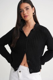 Resim Mixray 6936 Kadın Selanik Düğmeli Regular Fit Triko Hırka Siyah 