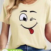 Resim Kadınlar için %100 Pamuklu Kısa Kollu Eğlenceli Karikatür Yüz Baskılı Tişört - Nefes Alabilir Yazlık Yuvarlak Yaka Tee, Makinede Yıkanabilir Normal Kalıp, Bayan T-Shirtleri, Rahat Kesim, Günlük Tarz, Kaliteli Kumaş 