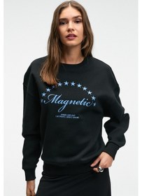 Resim Grimelange VISTARA Kadın Nakış Detaylı Yuvarlak Yaka Regular Fit Siyah Sweatshirt 