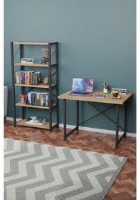 Resim Metal Kitaplık 5 Raflı + 60x90 Cm Çalışma Masası Atlantik Çam 