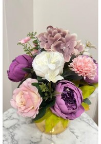 Resim Yapay Çiçek Aranjmanı Gold Metal Vazoda Şakayık Gül Ve Krizantem Salon Çiçeği 