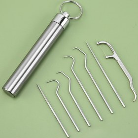 Resim 8 Adet/Set Paslanmaz Çelik Diş Çöpü Seti, Taşınabilir Yeniden Kullanılabilir Metal Diş Temizleme Seti Anahtarlıklı Açık Hava Pikniği Kamp Gezisi İçin 