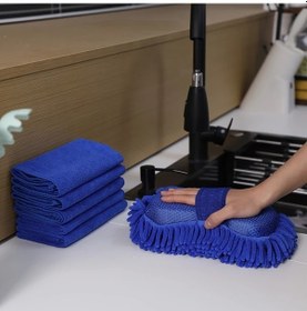 Resim Oldfriend Mavi 6 Parça Mikrofiber Sünger Ve Havlu Seti Oto Ev Mutfak Temizliği 