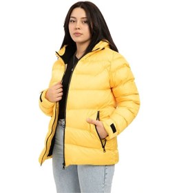 Resim Kadın Sarı Kapüşonlu Içi Polarlı Kürklü Su Geçirmez Rüzgara Dayanıklı Şişme Mont Kaban Parka Sarı 