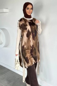 Resim Gülseli Düğme Detaylı İpek Kübra Kumaş Tesettür Triko Tunik Taş TZL-P-00020681 