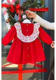 Resim Çiçekli Fırfır Ve Kurdele Detaylı Cici Kız Çocuk Bebek Bayram Doğum Günü Kırmızı Elbise 001 