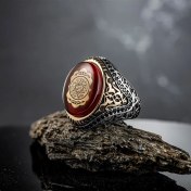 Resim Takılingo Hz Süleyman Mührü Işlemeli Usta Işi Kehribar Taşlı Süslü Desenli Gümüş Erkek Yüzük 