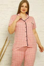 Resim Moda Kadın Pamuklu Cepli Kısa Kol Büyük Beden Pijama Takım Pembe Pembe 