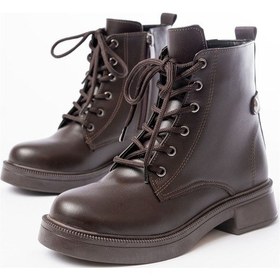 Resim 02-2003 Kahve Cilt Bağcıklı Fermuarlı Günlük Kadın Bot Beyaz 