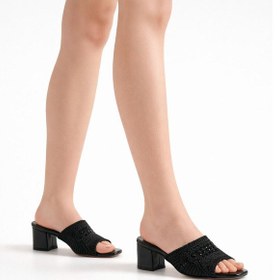 Resim Tual Shoes Kadın Siyah Örgü Detaylı Topuklu Terlik Siyah - Siyah 