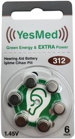 Resim YesMed Extra Power 312 Numara İşitme Cihazı Pili (1 Paket = 6 Adet Pil) + HEDİYE İşitme Cihazı Pil Ölçer 1 Adet 