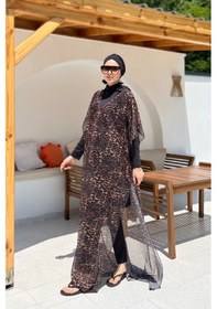 Resim Remsa Tesettür Mayo Üzerine Desenli Tek Kaftan Pareo 430-313 Leopar Siyah 