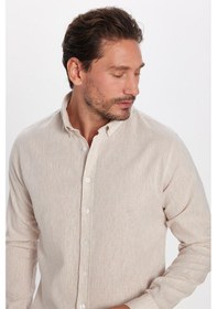 Resim Tudors Erkek Slim Fit Dar Kesim Uzun Kollu Keten Premium Seri Düğmeli Yaka Spor Bej Gömlek-32815 Bej 