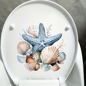 Resim 1 adet Okyanus Temalı Tuvalet Çıkartması - Denizyıldızı, Deniz Kabuğu ve Sedef Tasarımı Banyo Dekoru için, Kolay Kendinden Yapışkanlı Tank Süslemesi, Canlı Mavi, Beyaz ve Kahverengi Deniz Hayatı Sanatı, Plaj Evi Vurguları | Yarı Mat Bitiş, Denizcilik Banyo Dekoru 