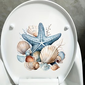 Resim 1 adet Okyanus Temalı Tuvalet Çıkartması - Denizyıldızı, Deniz Kabuğu ve Sedef Tasarımı Banyo Dekoru için, Kolay Kendinden Yapışkanlı Tank Süslemesi, Canlı Mavi, Beyaz ve Kahverengi Deniz Hayatı Sanatı, Plaj Evi Vurguları | Yarı Mat Bitiş, Denizcilik Banyo Dekoru 