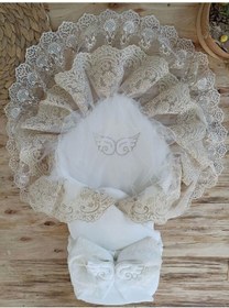 Resim Yenidoğan Sahra Taç Nakışlı Gold Angel Trilüks Kundak Bebek Battaniyesi Ekru Ekru 