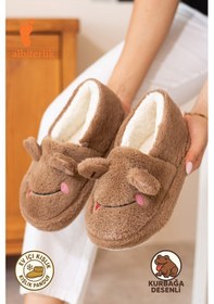 Resim Albishoes Kışlık Içi Tüylü Kadın Ev Ayakkabı Kurbağa Figürlü Kaydırmaz Rahat Taban Panduf Ev Botu Kahverengi 