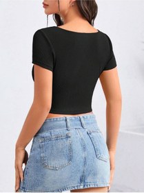 Resim Liona Geniş U Yaka Siyah Renk Fitilli Kısa Kollu Slim Fit Crop Top Bluz 