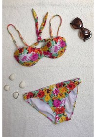 Resim Dagi Straplez Destekli Push-Up Çiçek Desenli Bikini Takımı 