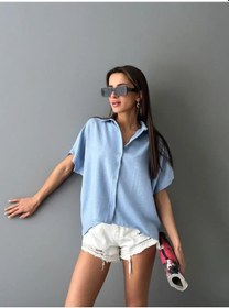 Resim Adisia Kadın Keten Oversize Mavi Sırt Dantel Detay Kısa Kollu Gömlek Mavi 