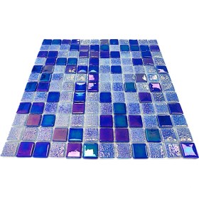 Resim Havuz, Banyo, Sauna, Spa, Iç , Dış, Zemin, Duvar, Kaplama ve Dekorasyon Uygulamalarında Tüm Yüzeyler Için, 25X25MM. Lüster Blue, 31.5X31.5CM. Fileli Cam Mozaik. ( 10FILEKARO=1 M2 ) 