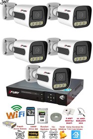 Resim Fury 5 Kameralı Su Geçirmez 1080P 4x Ultra Ledli Gece Renkli Güvenlik Kamera Seti 5500 500 GB 