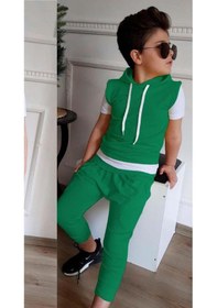 Resim Riccotarz Erkek Çocuk Kapüşonlu Şerit Detaylı Kat Şerit Detaylı Sweatshirt Lastikli Yeşil Eşofman Buz Mavi 