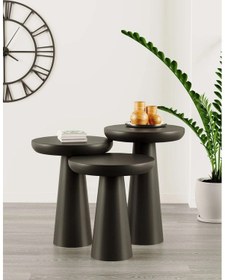 Resim Simillo Wood Ahşap Siyah Renk Konik Model 3 Lü Set Mantar Yan Sehpa Fiskos Çiçeklik Decorative Siyah 