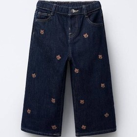 Resim Ayarlanabilir Bel Detaylı Çocuk Denim Pantolon Nakışlı Boru Paça Lacivert 