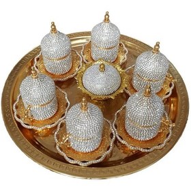 Resim Ceyyiz 8'Li Gold Beyaz Kristal Taşlı Lokumluk Kahve Fincanı Set 
