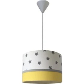 Resim Onay Avize Beyaz Yıldızlı Sarı 2.li Set M-0405 Kumaş Kaplama Genç ve Çocuk Odası Avize ve Abajur Takımı 