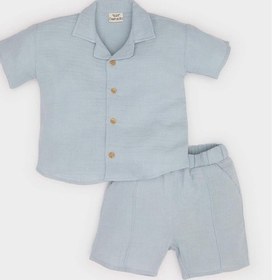 Resim DeFacto Erkek Bebek 2'li Takım Müslin Kısa Kollu Gömlek Beli Lastikli Şort C3438A525SMBE523 Mavi 
