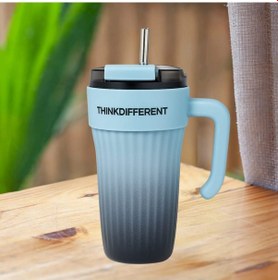 Resim Bondy Think Different Kulplu Kapaklı Büyük Boy Mug 860 Ml - Pipetli Paslanmaz Çelik Termos Bardak Mavi 