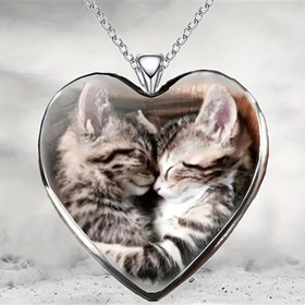Resim Kediler ve Baykuşlar Kalp Kolye - Sevimli Kedi ve Baykuş Tasarımı, Kediler için Mükemmel Hediye, Günlük Takı | Oynak Tasarım | Dayanıklı Alaşım 