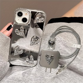 Resim Şık 3D Gümüş Kalp Şekilli Sevimli Ayna Makyaj Telefon Kılıfı Şarj Cihazı ile Iphone 16, 15, 14, 13, 12, 11 Pro Max Yumuşak Arka Kapak 