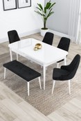 Resim Canisa Eta Serisi, Beyaz Masa ,80x132 Mdf Açılabilir Yemek Masası Takımı, 4 Siyah Sandalye 1 Bench 