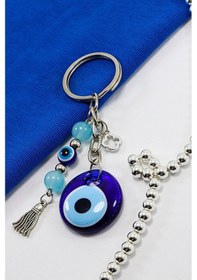 Resim El Yapımı Cam Nazar Boncuklu Salkım Turkuaz Boncuklu Anahtarlık, 