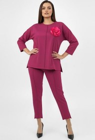 Resim Kadın Büyük Beden Truvakar Kol Çiçek Detaylı İki İplik Eşofman Takımı 8224-26 - XXL / Mürdüm 