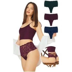 Resim Cottonhill Dantelli Lastik Detaylı Yüksek Bel Kadın Tanga 3'lü Paket Külot - 2 Renkli1 Çok Renkli 