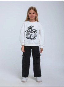 Resim Kız Çocuk Çiçek Nakışlı Sweatshirt-14248 Beyaz 