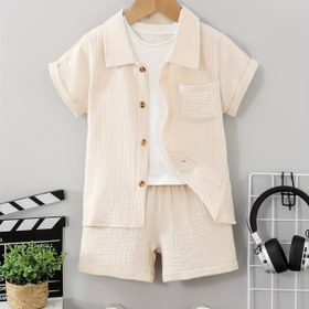 Resim DONABEBE Erkek Çocuklar için Rahat Kısa Kollu Gömlek ve Şort Seti - Yumuşak Polyester, Nefes Alabilen ve Teri Emici, Düğmeli ve Cep Detayı ile Bej Renkli, Bahar/Yaz için Mükemmel, Rahat Kıyafet|Kısa Kollu Gömlek|Polyester Kumaş, Dış Mekan için Teri Emici 