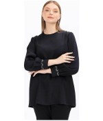 Resim Galaxi Kadın Büyük Beden Taş İşlemeli Yuvarlak Yakalı Bluz 1002 Siyah Çok Renkli 