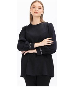 Resim Galaxi Kadın Büyük Beden Taş İşlemeli Yuvarlak Yakalı Bluz 1002 Siyah Çok Renkli 