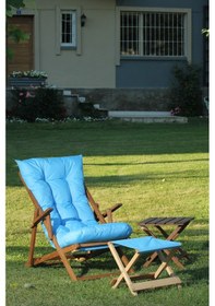 Resim Mavi Minder ve Ayak Uzatma Tabureli Katlanır Ceviz Rengi Şezlong 