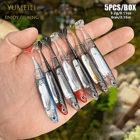 Resim 5 adet YUMEILI Dahili Uzun Yansıtıcı Şeffaf Yumuşak Yemler - Gerçekçi Boyalı Balık Derisi Dövmeleri, 3D Balık Gözleri, 8cm/3.2g, Tuzlu Su ve Tatlı Su Balıkçılığı Yemleri, Tüm Su Açıları İçin, Yem Yemleri, Canlı Yem Tasarımı, Yumuşak Dokulu Yem 