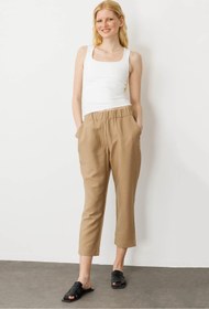 Resim Desen Triko Kadın Beli Lastikli Yan Cepli Havuç Kesim Keten Pantolon Camel 